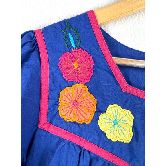 VTG National floral bird embroidered tropical midi dress blue 90s sz M - Picture 4 of 8